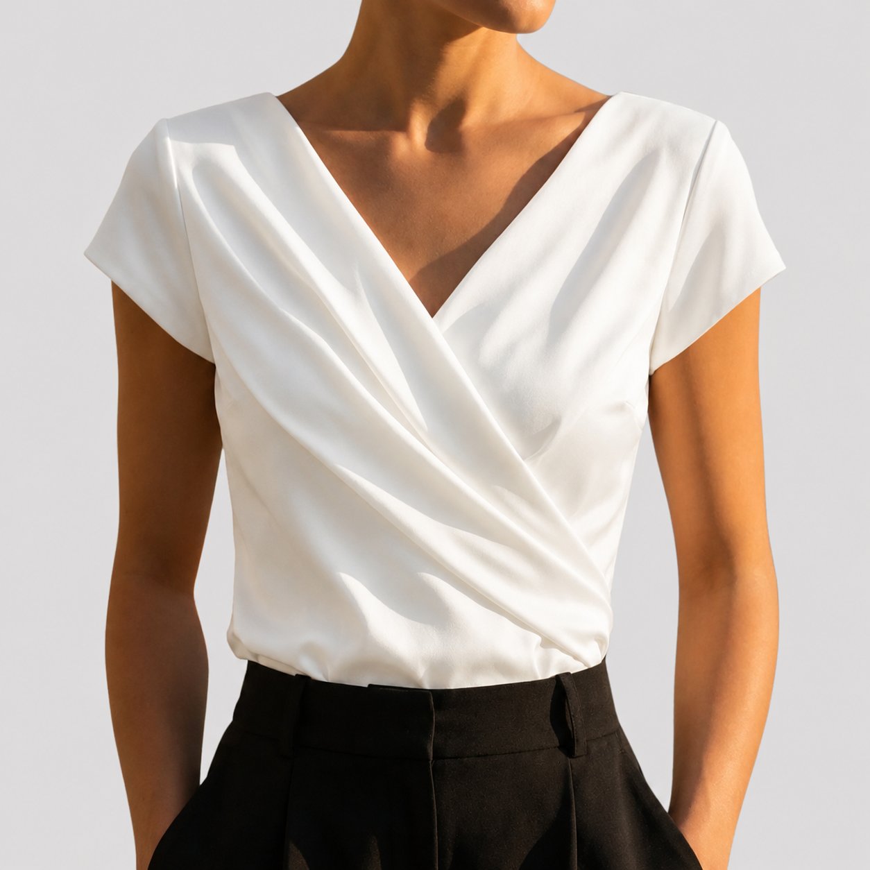 Dames Blouse Korte Mouw met Sluiting en V-hals Wit
