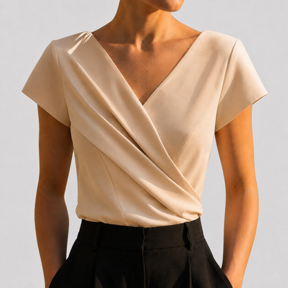 Dames Blouse Korte Mouw met Sluiting en V-hals Beige
