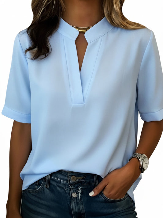 Dames Blouse Korte Mouw met Staande Kraag en V-hals Uitsnijding
