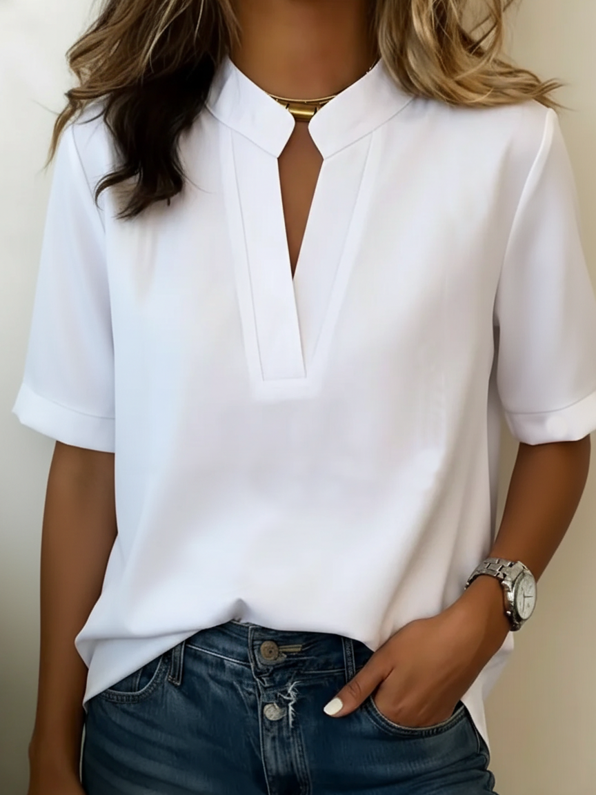 Dames Blouse Korte Mouw met Staande Kraag en V-hals Uitsnijding Wit