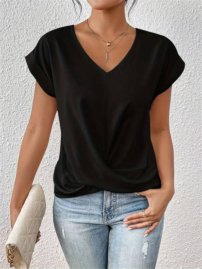 Dames Blouse Korte Mouw met V-hals en Crossover Detail Zwart