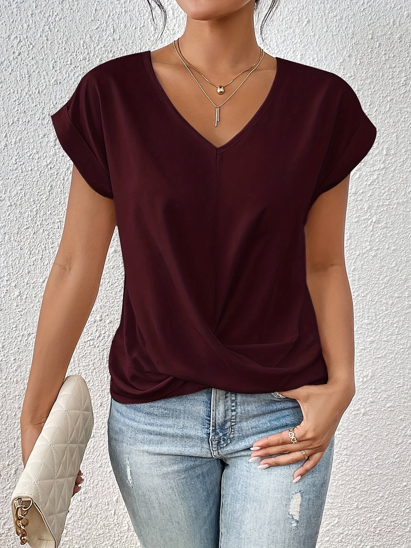 Dames Blouse Korte Mouw met V-hals en Crossover Detail Bordeaux