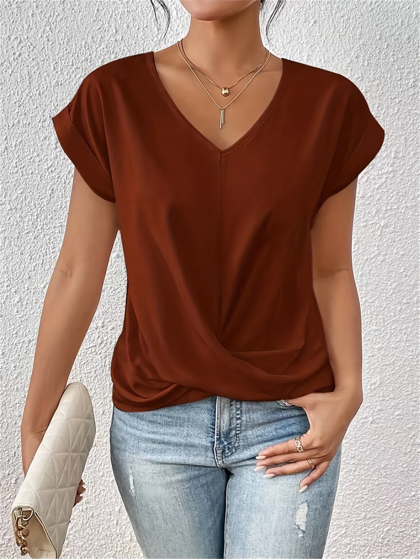 Dames Blouse Korte Mouw met V-hals en Gekruiste Plooival Rood