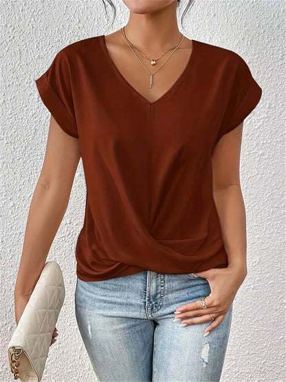 Dames Blouse Korte Mouw met V-hals en Gekruiste Plooival Rood