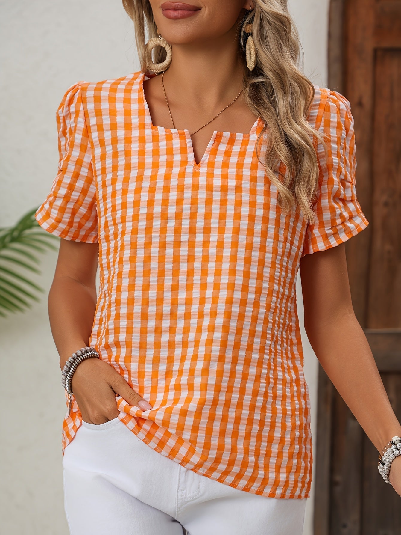 Dames Blouse Korte Mouw met V-hals en Gingham Ruit