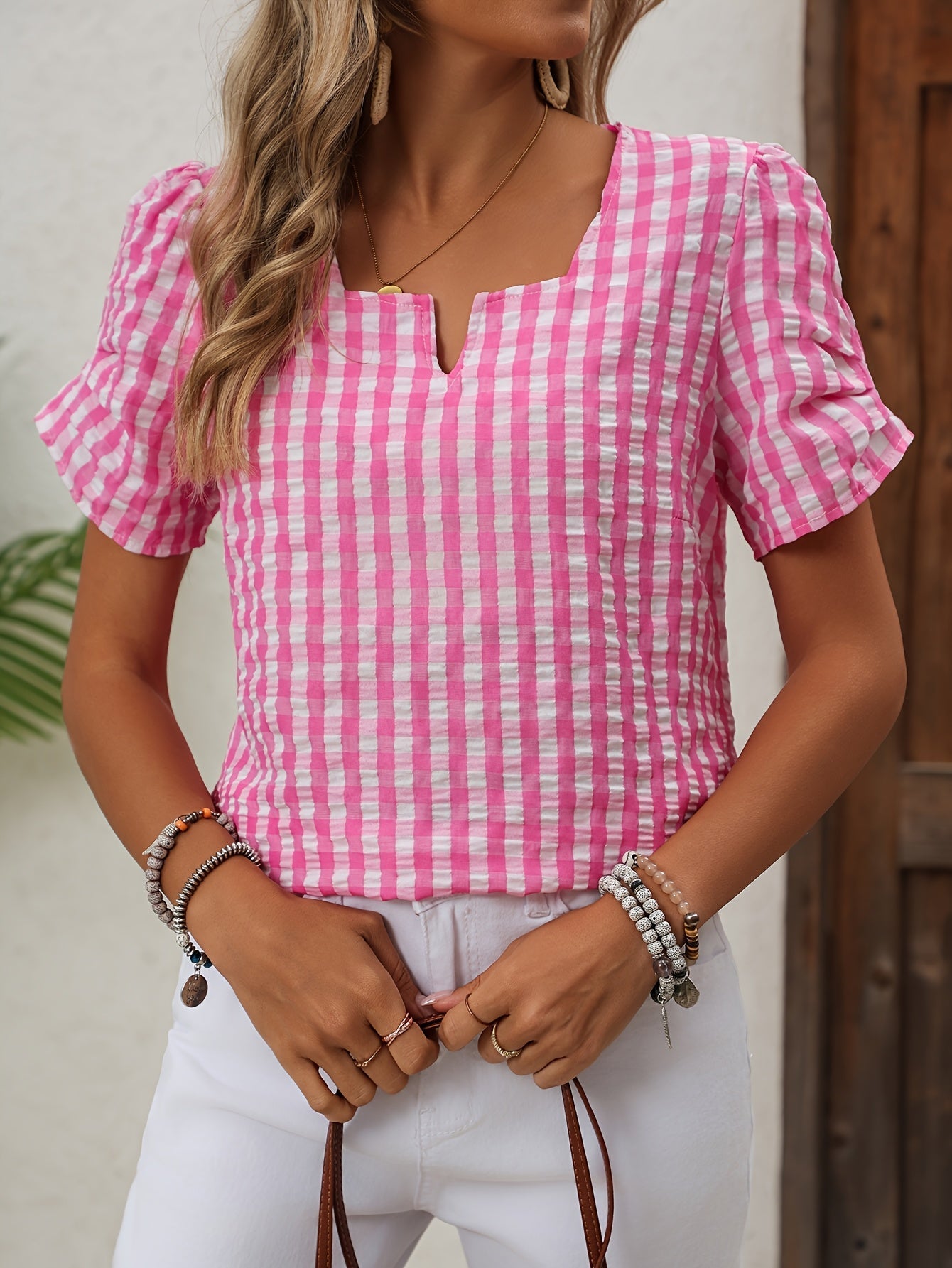 Dames Blouse Korte Mouw met V-hals en Gingham Ruit