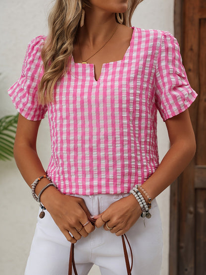 Dames Blouse Korte Mouw met V-hals en Gingham Ruit