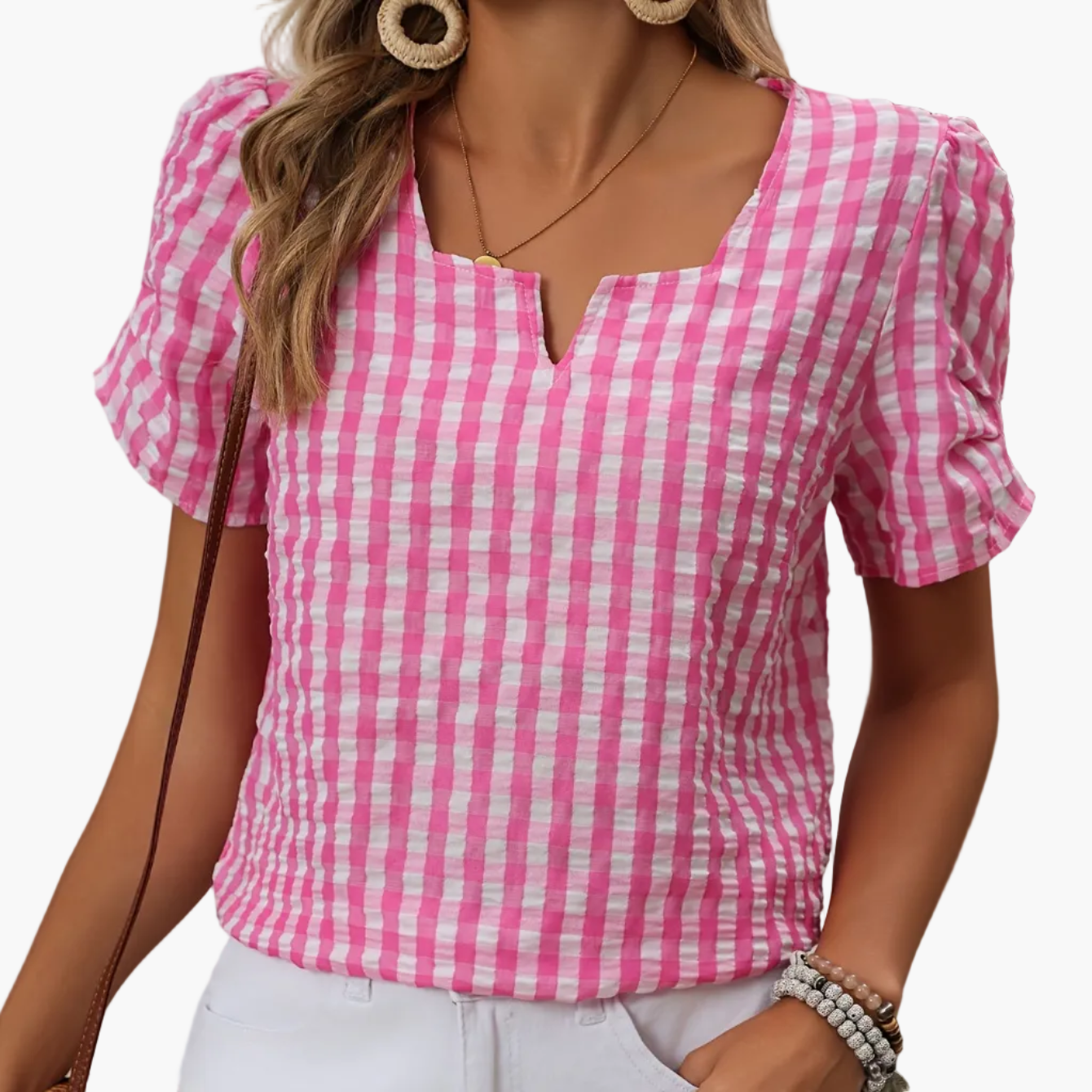 Dames Blouse Korte Mouw met V-hals en Gingham Ruit Roze