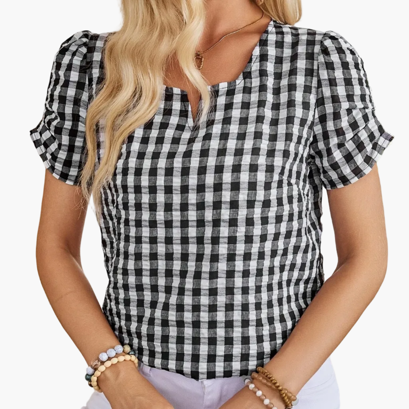Dames Blouse Korte Mouw met V-hals en Gingham Ruit Grijs
