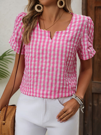Dames Blouse Korte Mouw met V-hals en Gingham Ruit