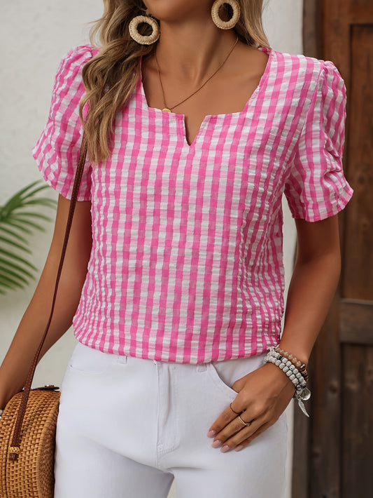 Dames Blouse Korte Mouw met V-hals en Gingham Ruit