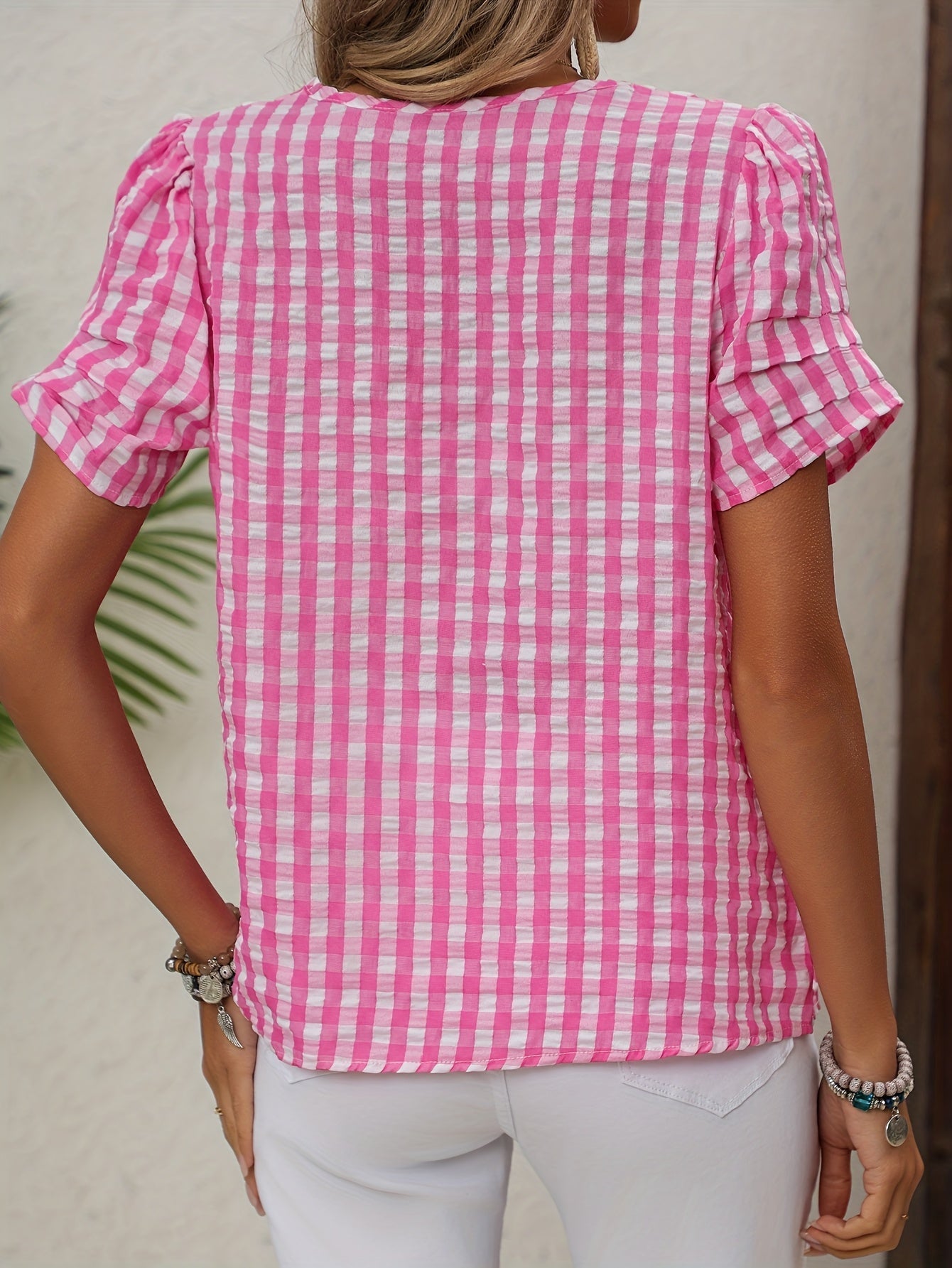 Dames Blouse Korte Mouw met V-hals en Gingham Ruit