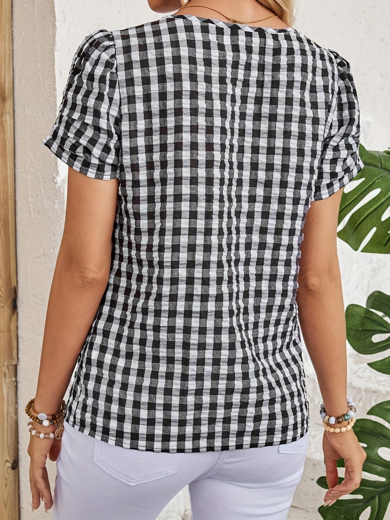 Dames Blouse Korte Mouw met V-hals en Gingham Ruit