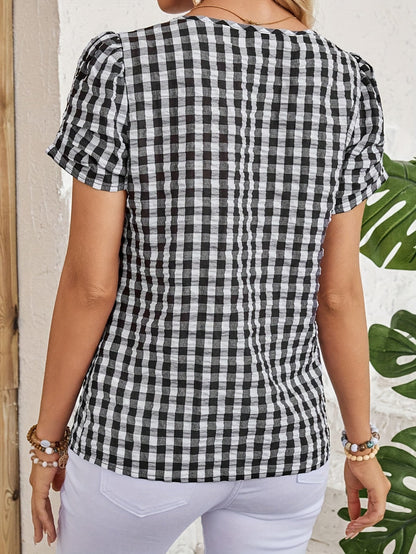 Dames Blouse Korte Mouw met V-hals en Gingham Ruit