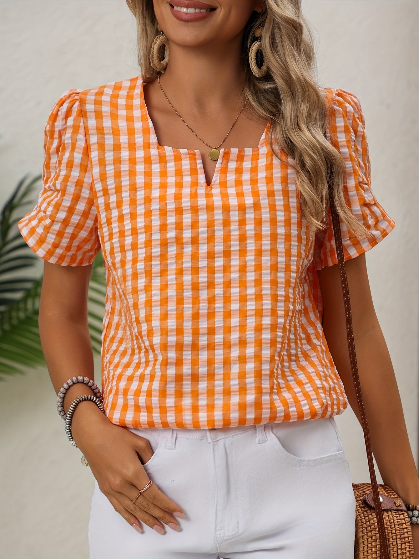 Dames Blouse Korte Mouw met V-hals en Gingham Ruit