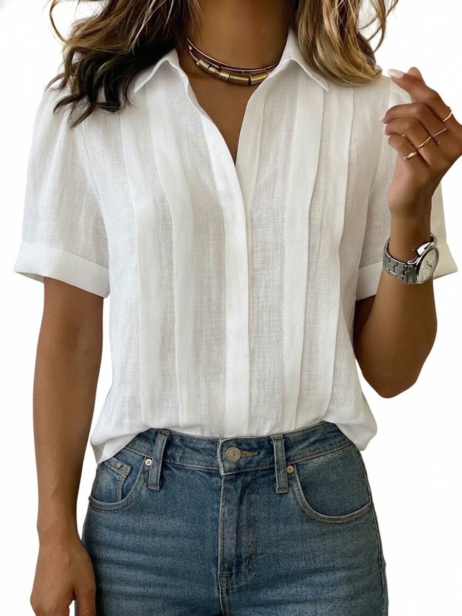 Dames Blouse Korte Mouw met V-hals en Plooien Regular Fit