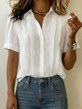 Dames Blouse Korte Mouw met V-hals en Plooien Regular Fit