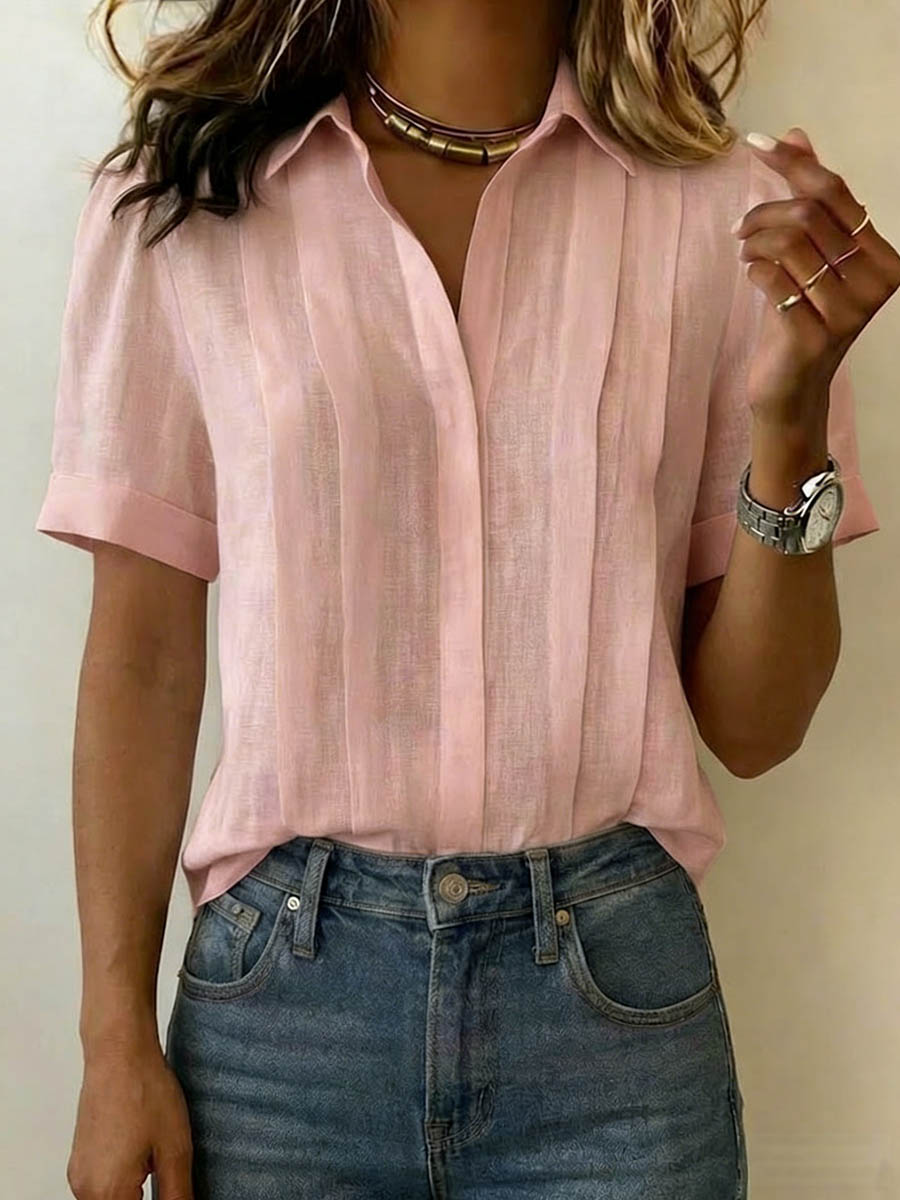 Dames Blouse Korte Mouw met V-hals en Plooien Regular Fit Roze