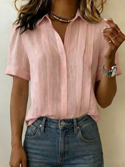 Dames Blouse Korte Mouw met V-hals en Plooien Regular Fit Roze