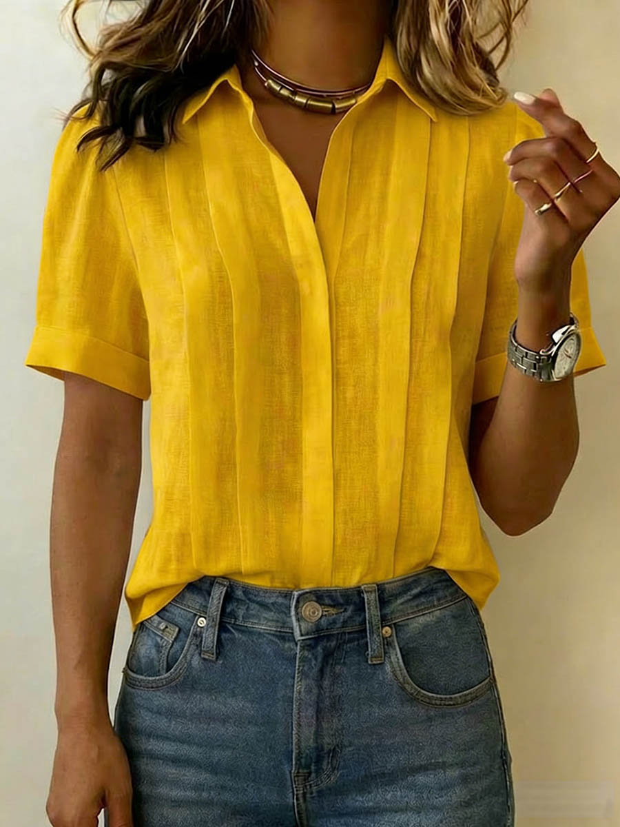 Dames Blouse Korte Mouw met V-hals en Plooien Regular Fit Geel
