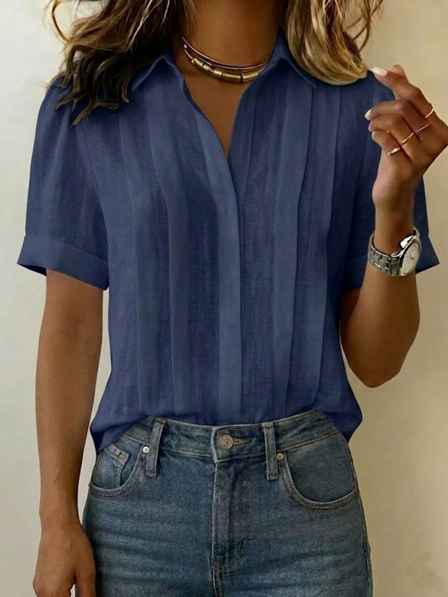 Dames Blouse Korte Mouw met V-hals en Plooien Regular Fit Marineblauw