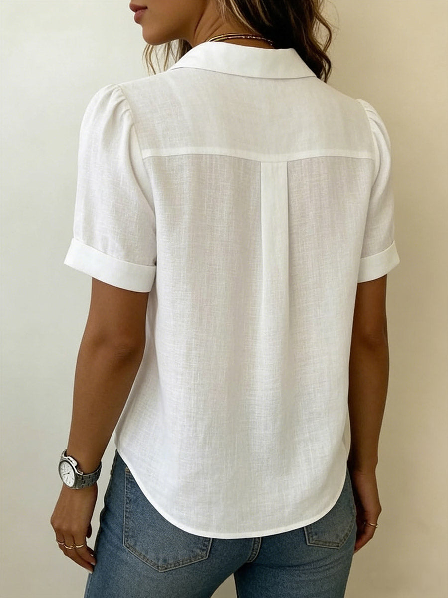Dames Blouse Korte Mouw met V-hals en Plooien Regular Fit