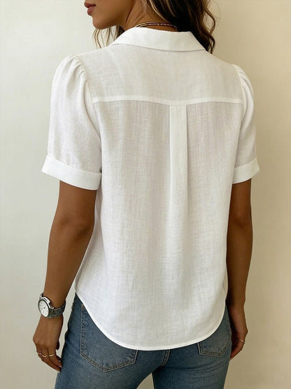Dames Blouse Korte Mouw met V-hals en Plooien Regular Fit