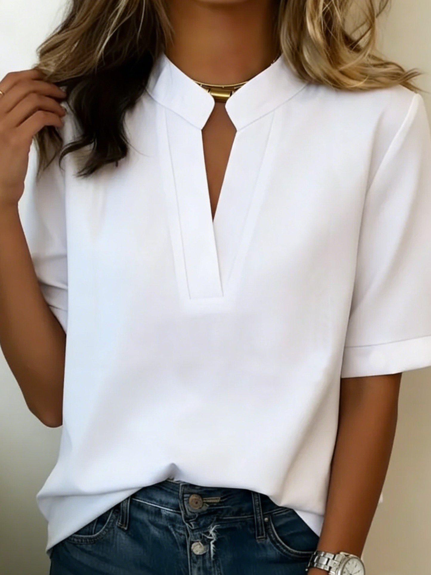 Dames Blouse Korte Mouw met V-hals en Relaxed Fit Wit