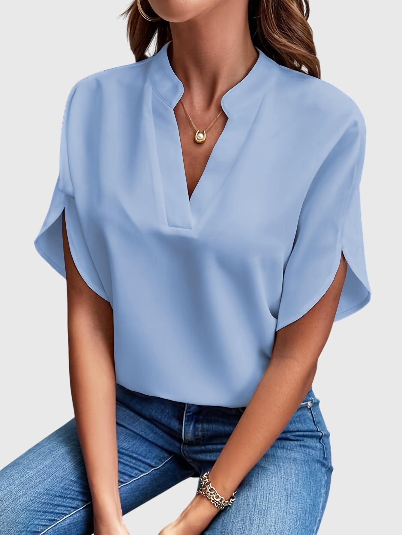 Dames Blouse Korte Mouw met V-hals en Split Mouwen