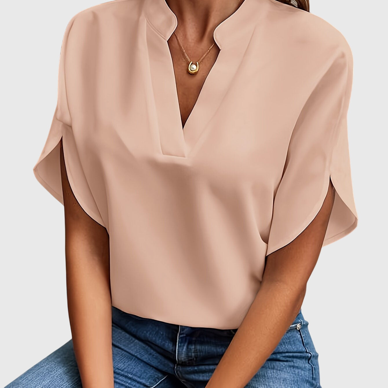 Dames Blouse Korte Mouw met V-hals en Split Mouwen Beige