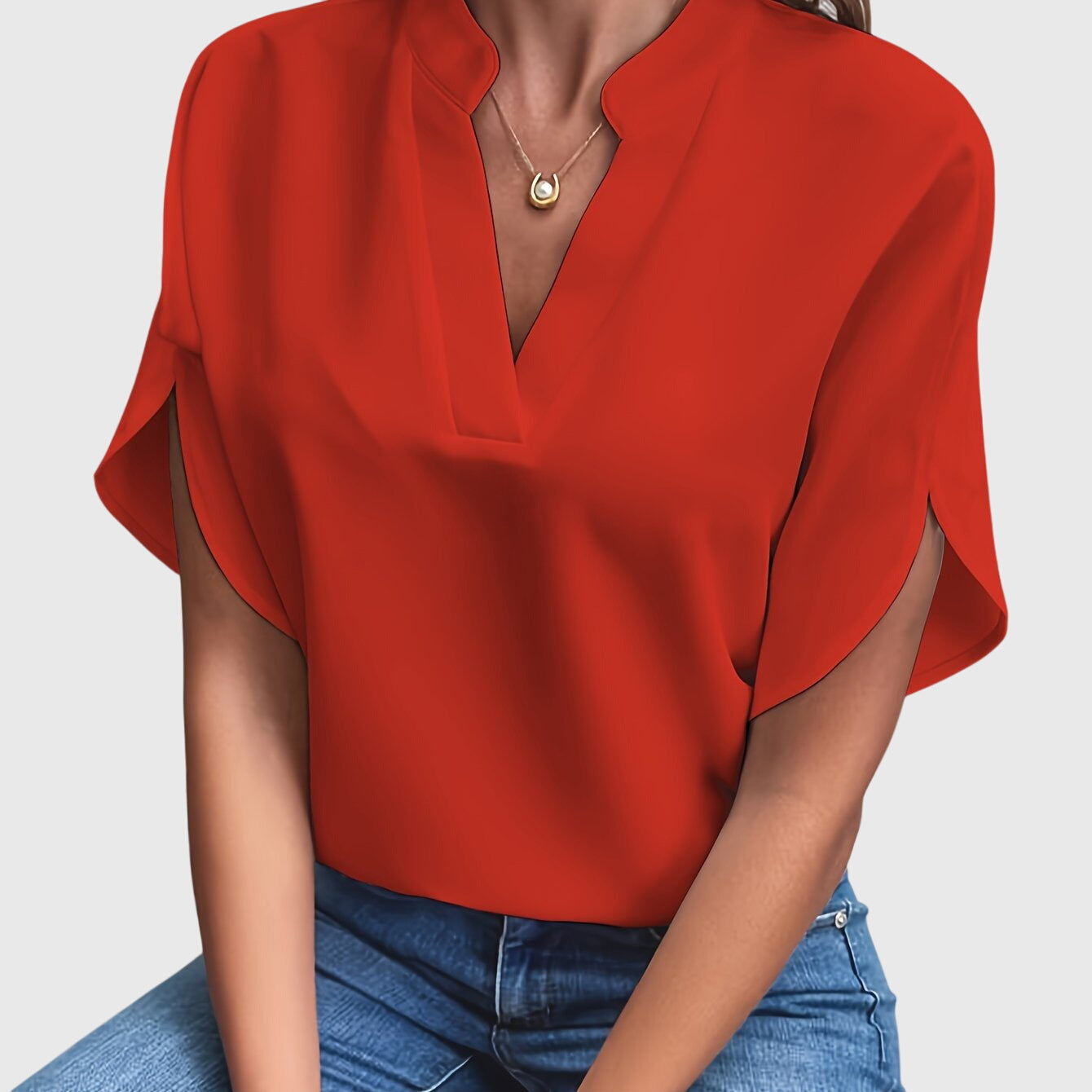 Dames Blouse Korte Mouw met V-hals en Split Mouwen Rood