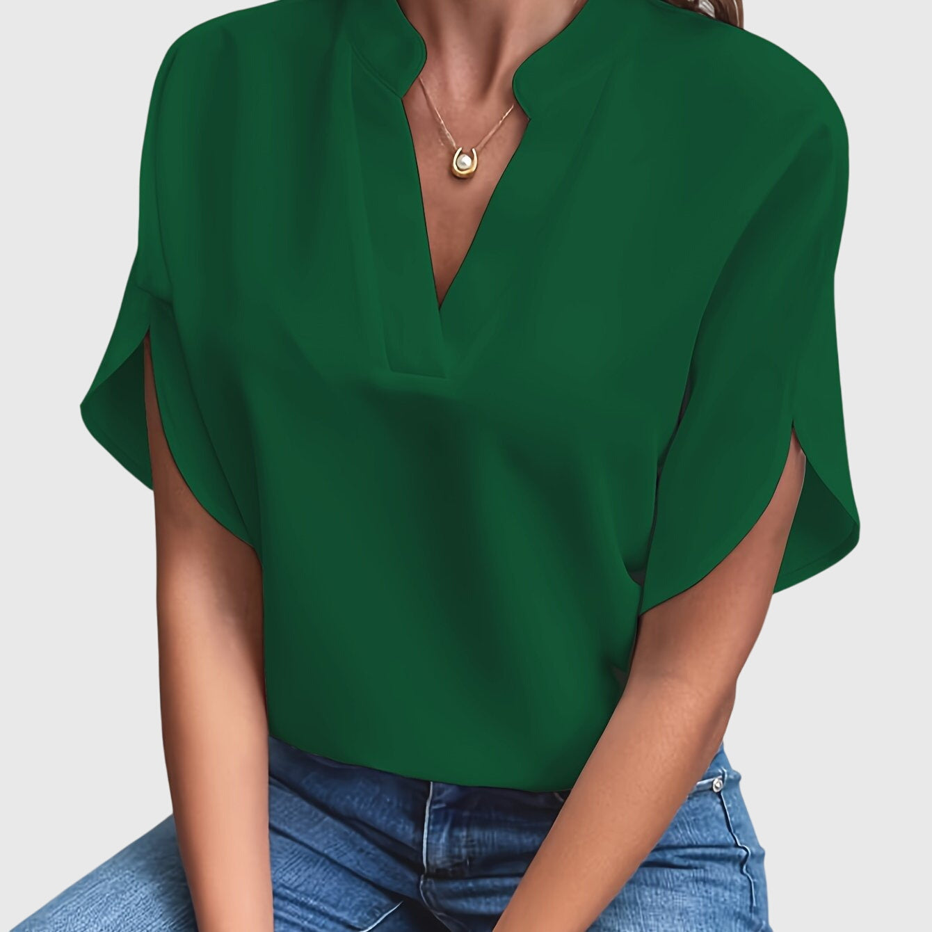 Dames Blouse Korte Mouw met V-hals en Split Mouwen Groen