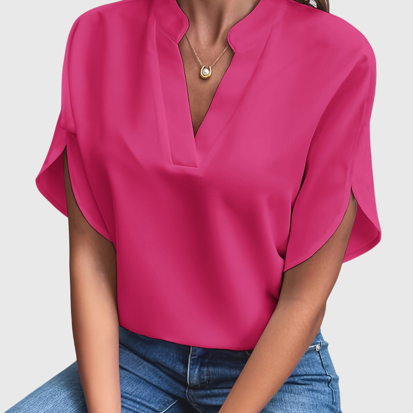 Dames Blouse Korte Mouw met V-hals en Split Mouwen