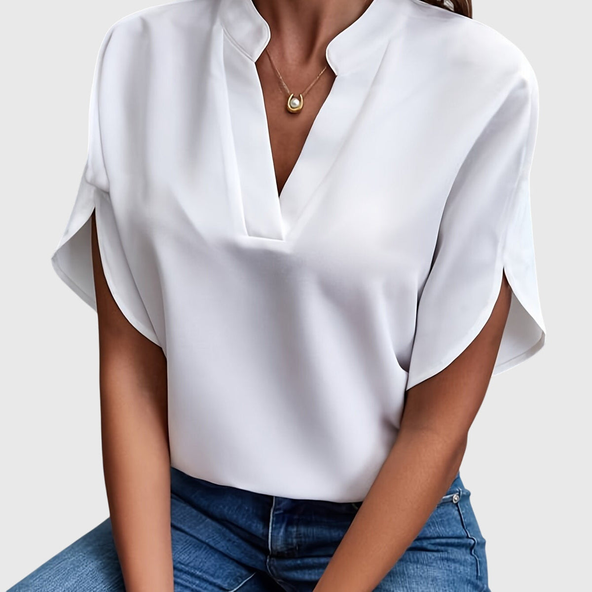 Dames Blouse Korte Mouw met V-hals en Split Mouwen