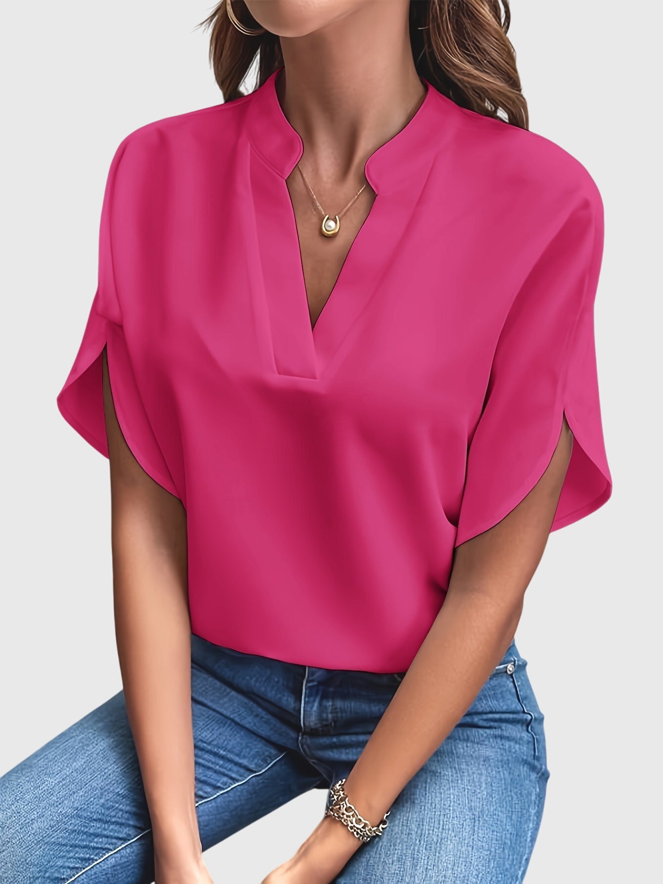 Dames Blouse Korte Mouw met V-hals en Split Mouwen Roze