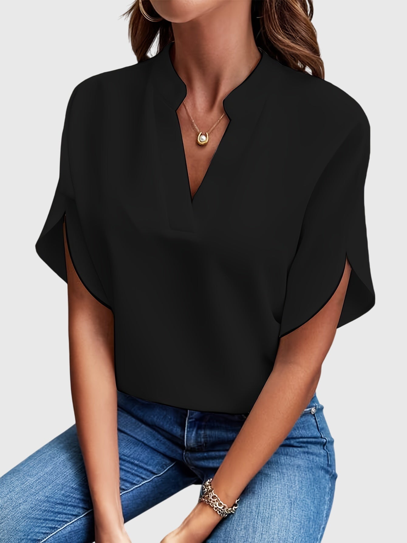 Dames Blouse Korte Mouw met V-hals en Split Mouwen Zwart