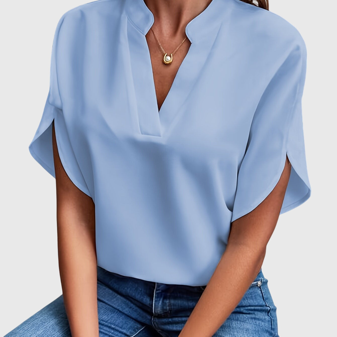 Dames Blouse Korte Mouw met V-hals en Split Mouwen Blauw