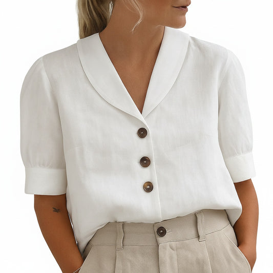 Dames Blouse Korte Mouw met V-hals, Sjaalkraag en Knoopsluiting