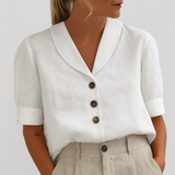 Dames Blouse Korte Mouw met V-hals, Sjaalkraag en Knoopsluiting