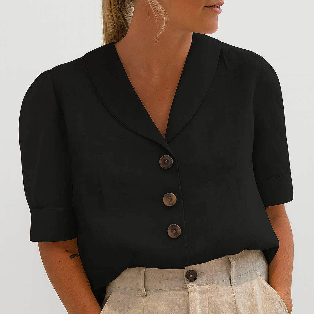 Dames Blouse Korte Mouw met V-hals, Sjaalkraag en Knoopsluiting Zwart