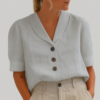 Dames Blouse Korte Mouw met V-hals, Sjaalkraag en Knoopsluiting Grijs