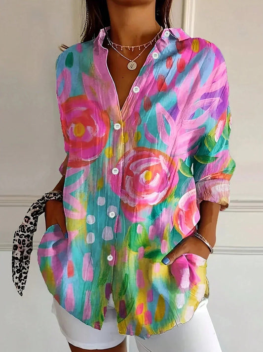 Dames Blouse Lange Mouw met Bloemenprint en Klassieke Kraag Roze