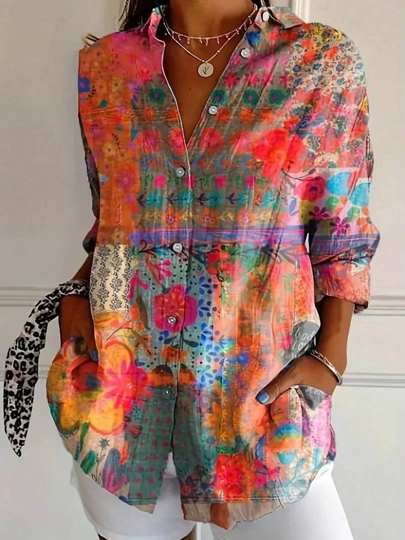 Dames Blouse Lange Mouw met Bloemenprint en Klassieke Kraag Oranje
