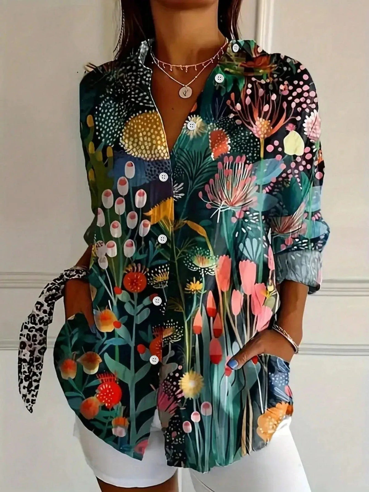 Dames Blouse Lange Mouw met Bloemenprint en Klassieke Kraag Groen