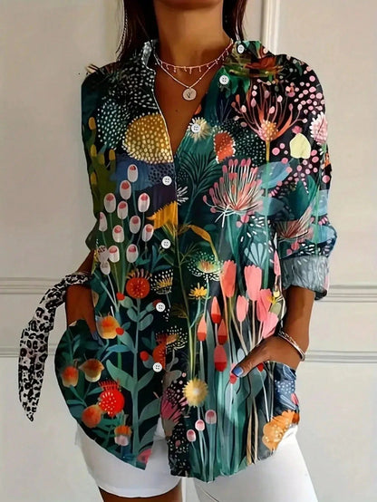 Dames Blouse Lange Mouw met Bloemenprint en Klassieke Kraag Groen