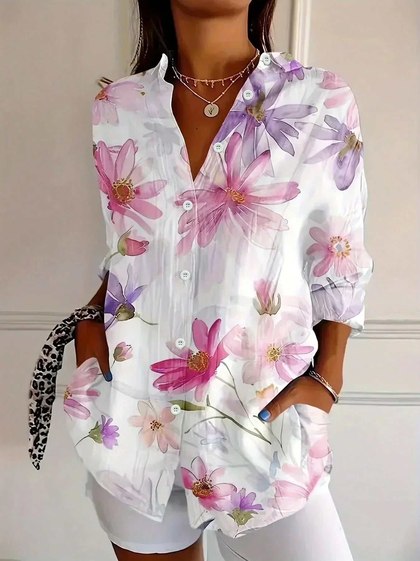 Dames Blouse Lange Mouw met Bloemenprint en Klassieke Kraag Wit