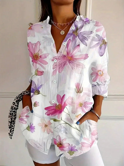 Dames Blouse Lange Mouw met Bloemenprint en Klassieke Kraag Wit
