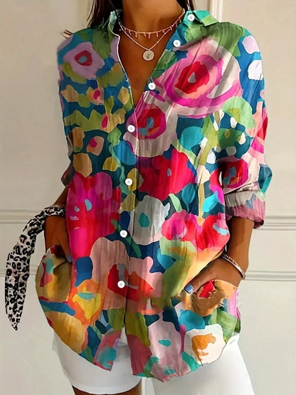 Dames Blouse Lange Mouw met Bloemenprint en Klassieke Kraag Donkerroze