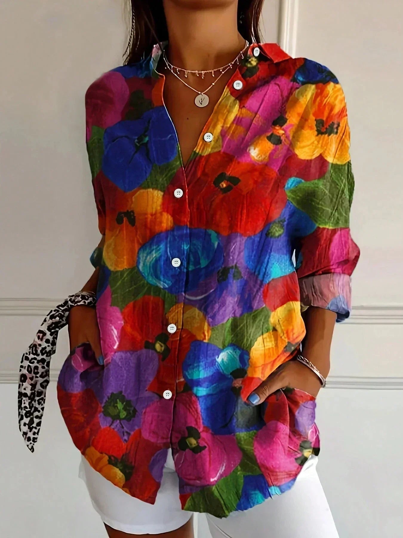 Dames Blouse Lange Mouw met Bloemenprint en Klassieke Kraag Donkergeel
