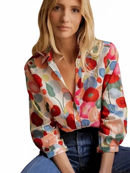 Dames Blouse Lange Mouw met Bloemenprint en V-hals